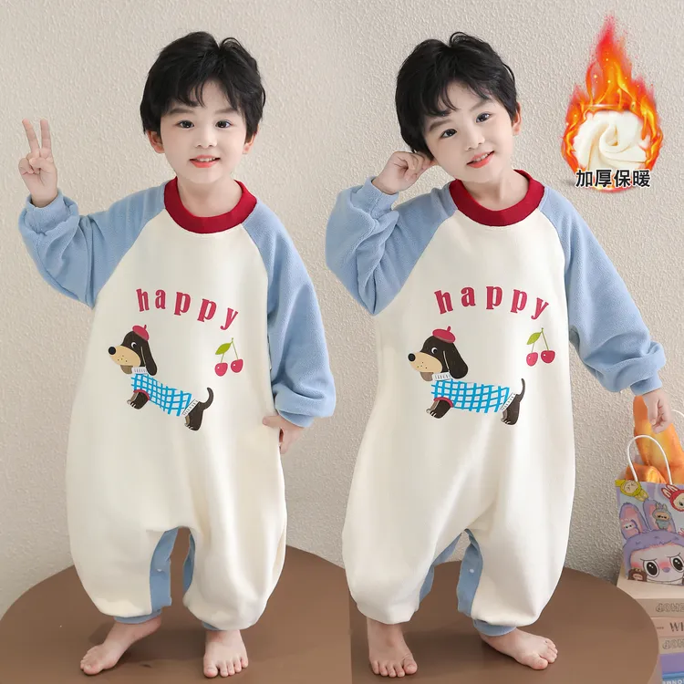 儿童连体睡衣婴儿睡袋秋冬季奥粒绒男童宝宝保暖防踢被家居服男童
