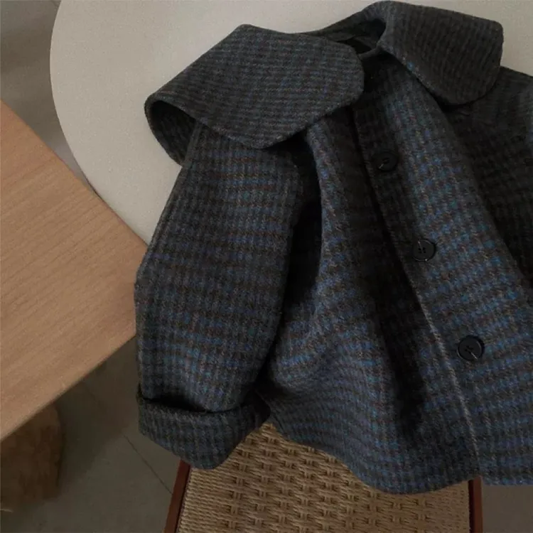 女童格子秋冬装韩国童装毛呢子儿童翻领休闲短款海军领夹棉外套