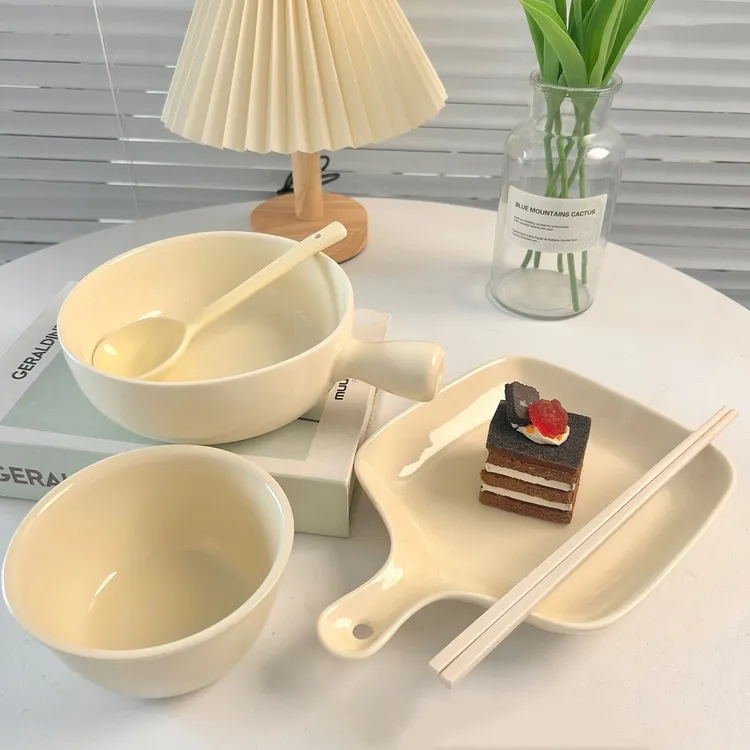 奶fufu陶瓷碗网红餐具套装高颜值奶油黄陶瓷碗吃饭喝汤碗勺米饭碗