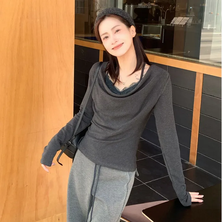 SUNCC自制 纸片腰 假两件蕾丝拼接气质显瘦纯欲高级休闲百搭T恤