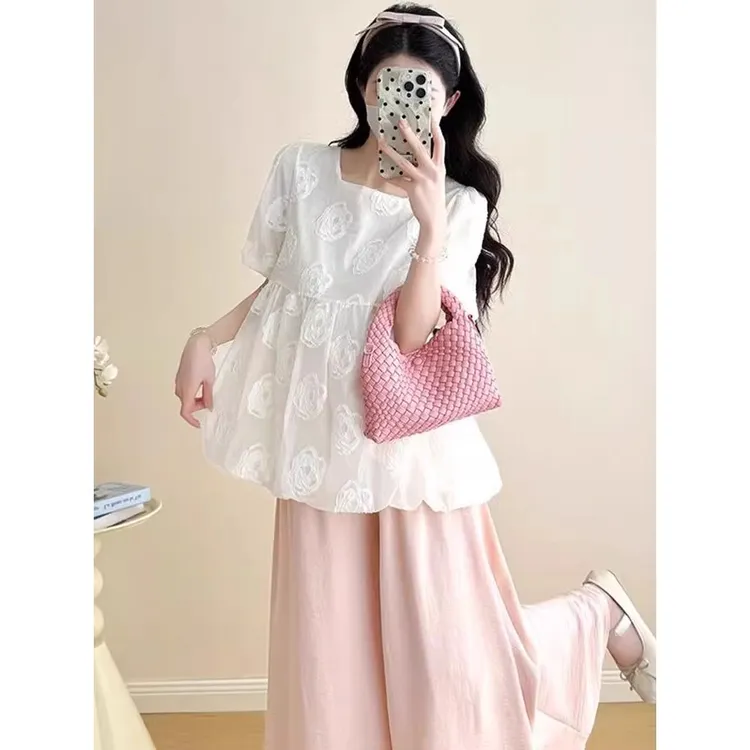 时髦孕妇套装时尚洋气夏季小个子方领上衣减龄阔腿裙裤两件套夏装