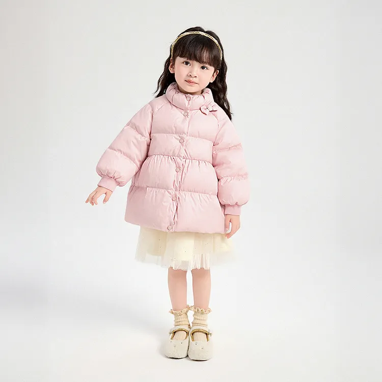 笛莎女宝羽绒服中长款秋冬蝴蝶结立领宝宝外套保暖洋气-132556514