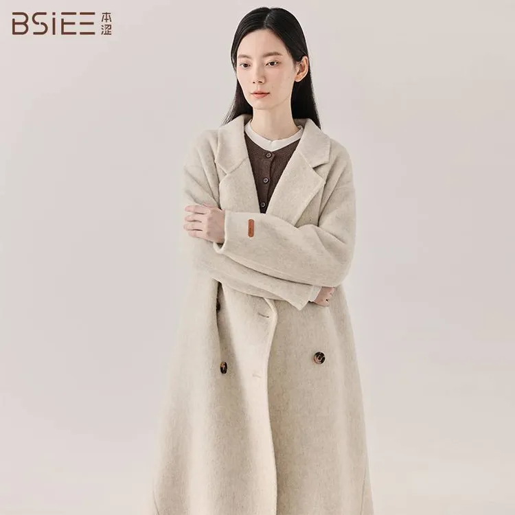 BSIEE/本涩中长款大衣年秋冬新品宽松通勤双排扣羊毛呢外套女