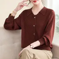 新中式冰丝针织女妈妈秋装宽松洋气中老年女翻领时尚百搭小衫套装