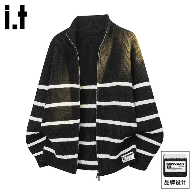 it :CHOCOOLATE男士秋季复古条纹开衫毛衣潮流设计感舒适针织外套