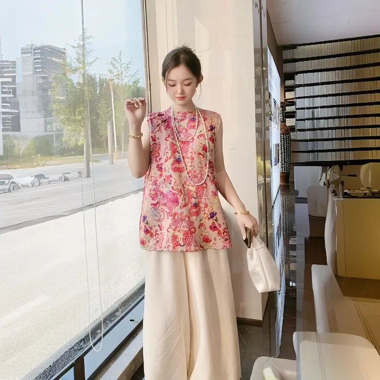 【锦鲤套装】新中式提花无袖中长款上衣+阔腿裤夏季清凉感两件套