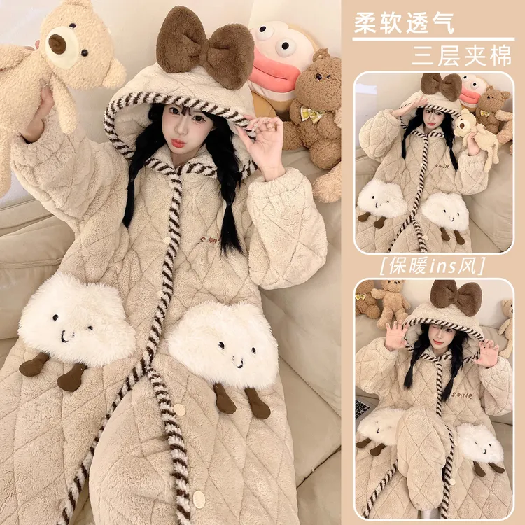 睡袍女冬加厚加绒大码2025年新款法兰绒三层夹棉珊瑚绒家居服套装