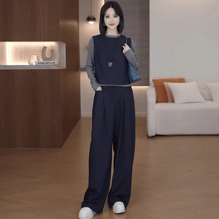时尚洋气质套装女2025秋季新款高级感圆领套头马甲显瘦休闲三件套