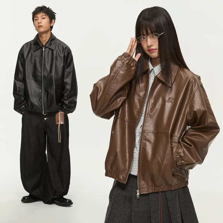 江南先生NewJNXS美式复古翻领双开拉链皮衣夹克男女秋休闲外套