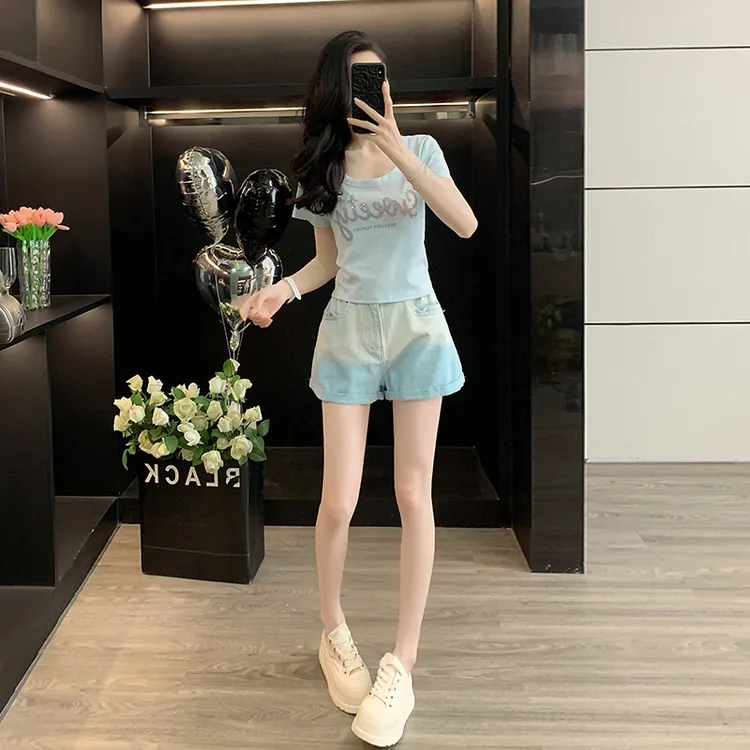小个子短款t恤女显瘦上衣夏季新款爆款牛仔短裤宽松阔腿高腰热裤