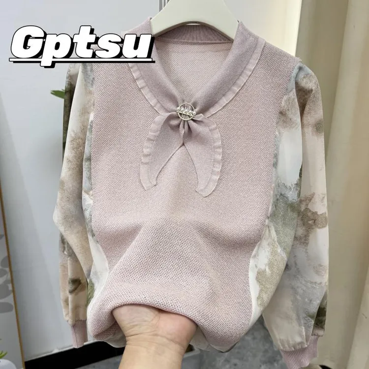 GPTSu中年妈妈秋装时尚翻领冰丝针织上衣洋派长袖T恤中老年小衫女
