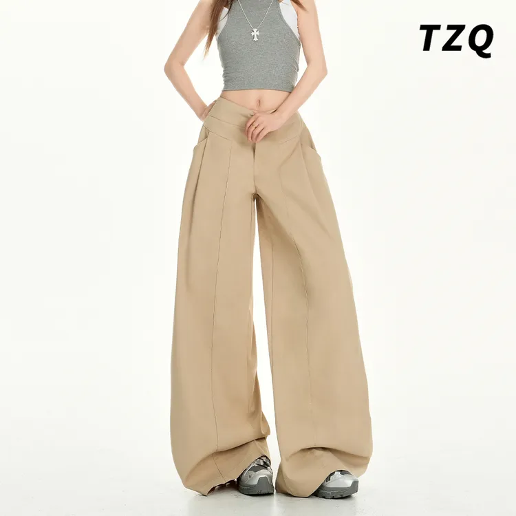 淘稚气新款设计感慵懒风阔腿休闲裤女2025夏季爆款卡其色工装裤子