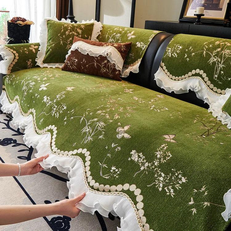 足姿法式异形沙发垫2025新款四季通用固定防滑绿色直排坐垫盖布巾