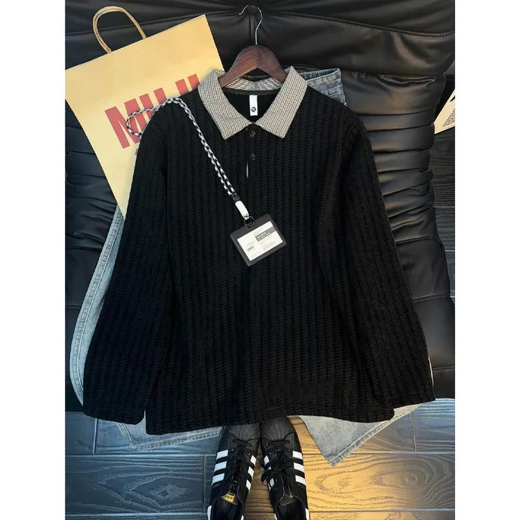 千鸟格鱼骨纹polo领卫衣男冬季加绒打底衫高级感潮牌翻领长袖上衣