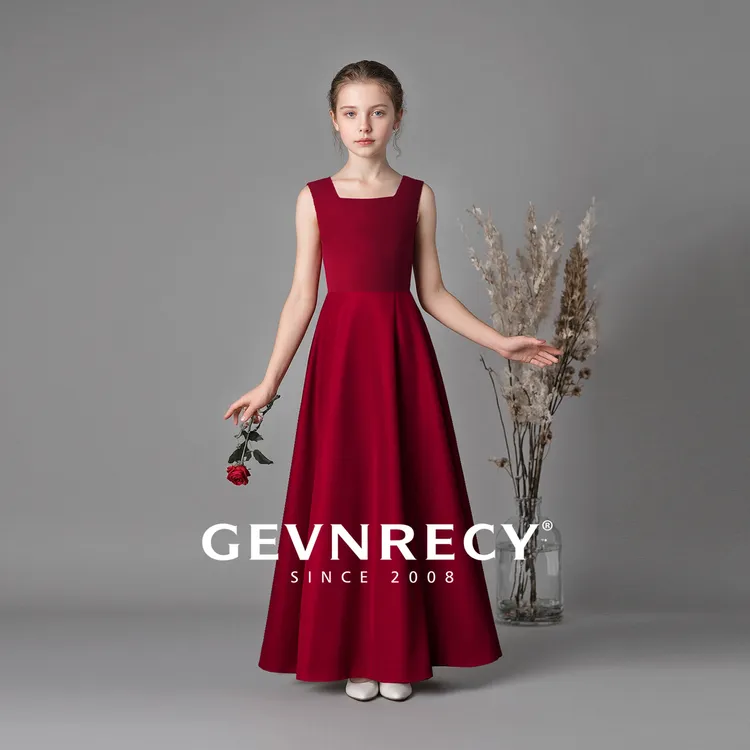 GEVNRECY女童礼服高端酒红色修身方领公主裙儿童钢琴主持人演出服
