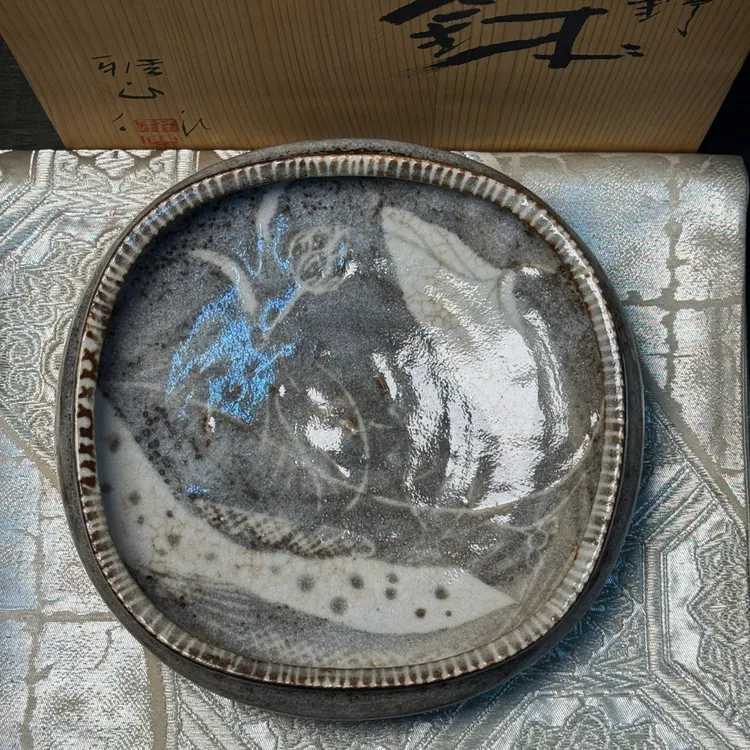 近藤雅心·日本作家器·志野烧·柴烧·绘莲·中古·茶盘·壶承·果盘