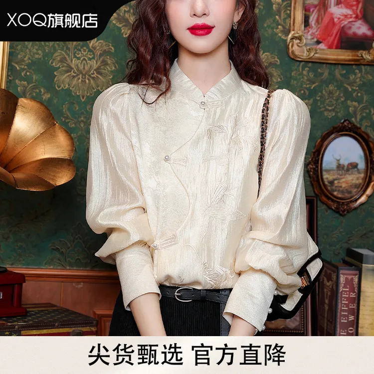 XOQ新中式国风衬衫女2025春秋新款爆款立领重工衬衣复古雪纺上衣