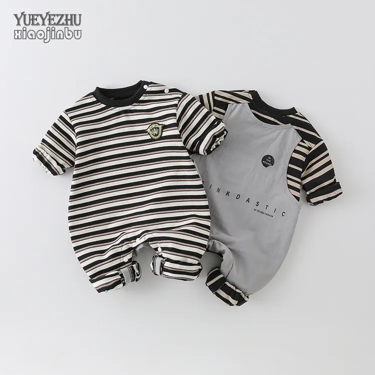 男宝宝条纹连体衣秋季长袖婴儿衣服秋装韩版洋气时尚哈衣爬服一岁