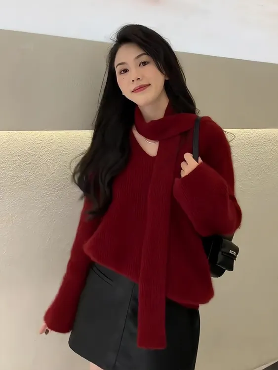 慵懒风松弛感v领飘带红毛衣2025秋冬新款女装时髦洋气长袖针织衫