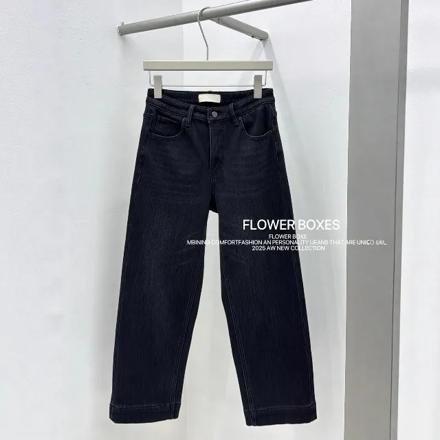 花匣子牛仔裤女冬季加厚1体绒70388黑灰色显瘦九分弹力阔腿奶奶裤