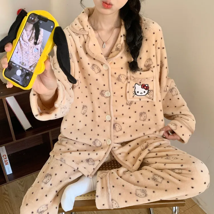 韩国甜酷风kitty珊瑚绒睡衣女秋冬套装加厚加绒保暖法兰绒家居服
