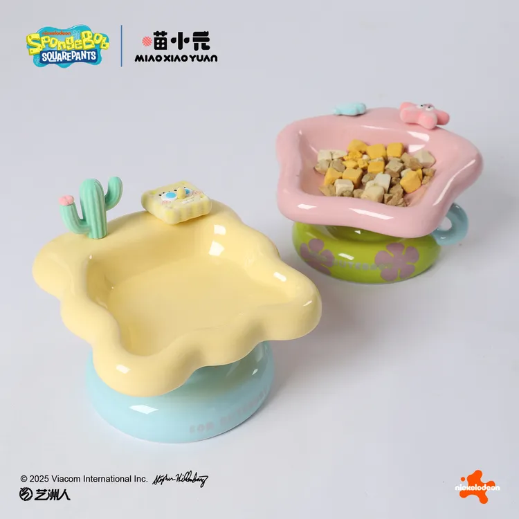 喵小元|海绵宝宝斜口猫碗陶瓷碗食盆猫咪喝水高脚护颈防打翻狗碗
