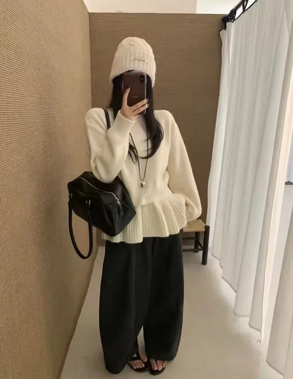 MYTANG设计感假两件裙摆叠搭针织衫女2025秋新款韩版减龄显瘦毛衣