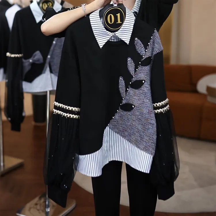 超好看重工拼接polo领卫衣女士秋冬季新款宽松高级漂亮设计感上衣