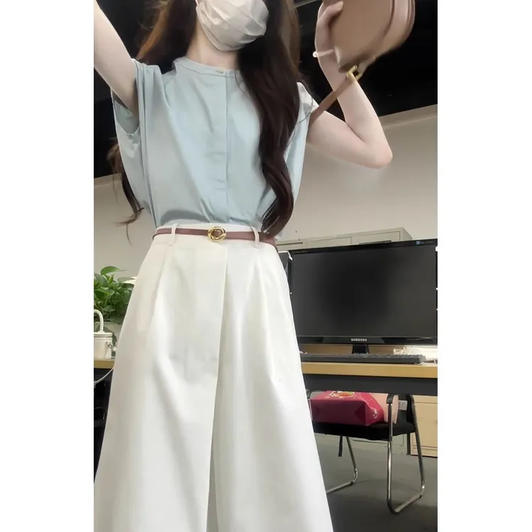 夏季蓝色短袖衬衫衬衣女2025新款轻奢高级法式奶系温柔小飞袖上衣