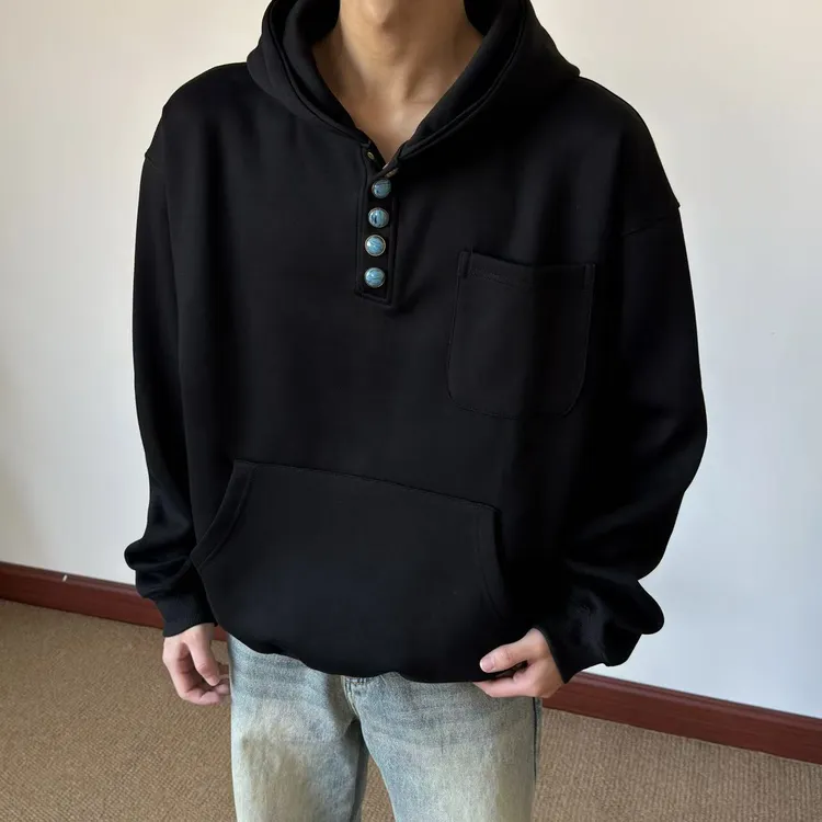 布老哥Blog美式简约"绿松石"纽扣连帽卫衣短宽显高百搭帽衫秋W551
