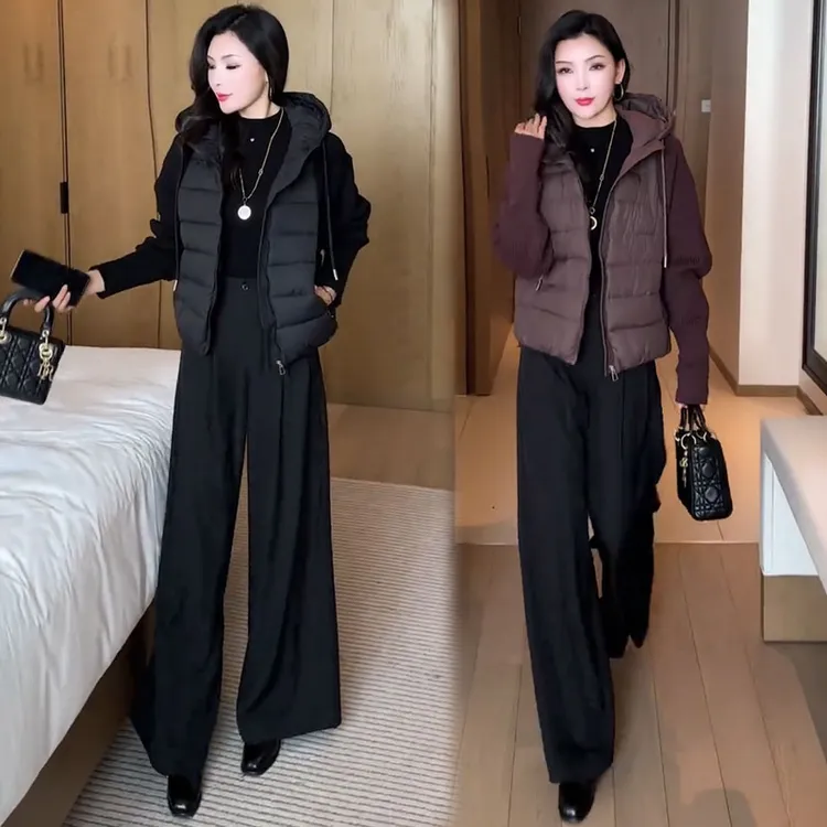 针织拼接棉衣外套女2025冬季新款时髦洋气宽松连帽加厚短款棉袄潮