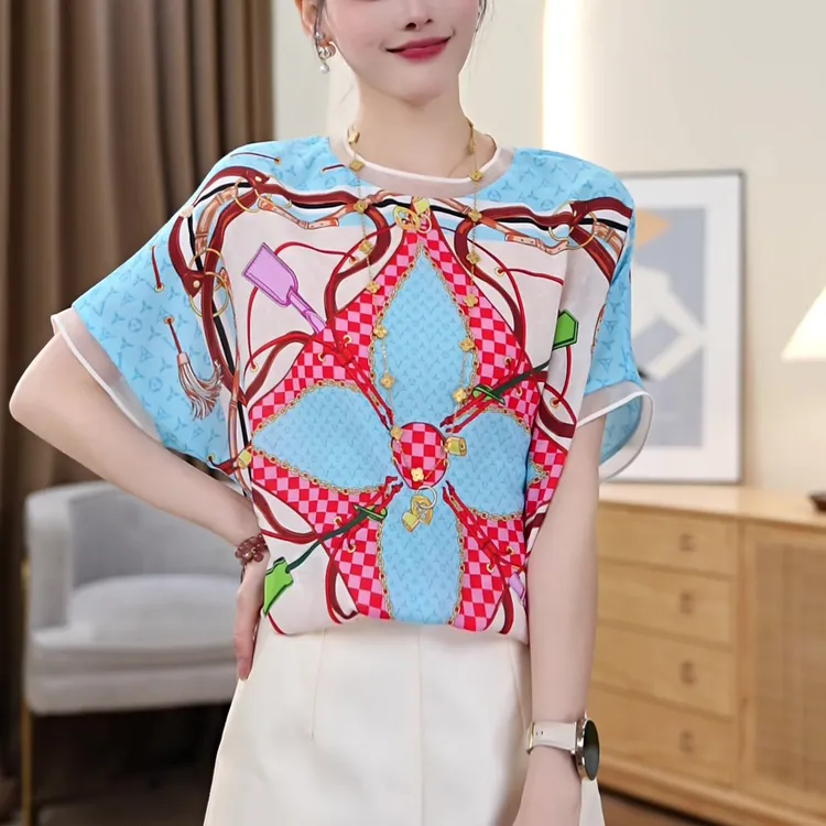夏季小众潮流时尚小衫薄款花色洋气减龄气质宽松显瘦百搭印花上衣