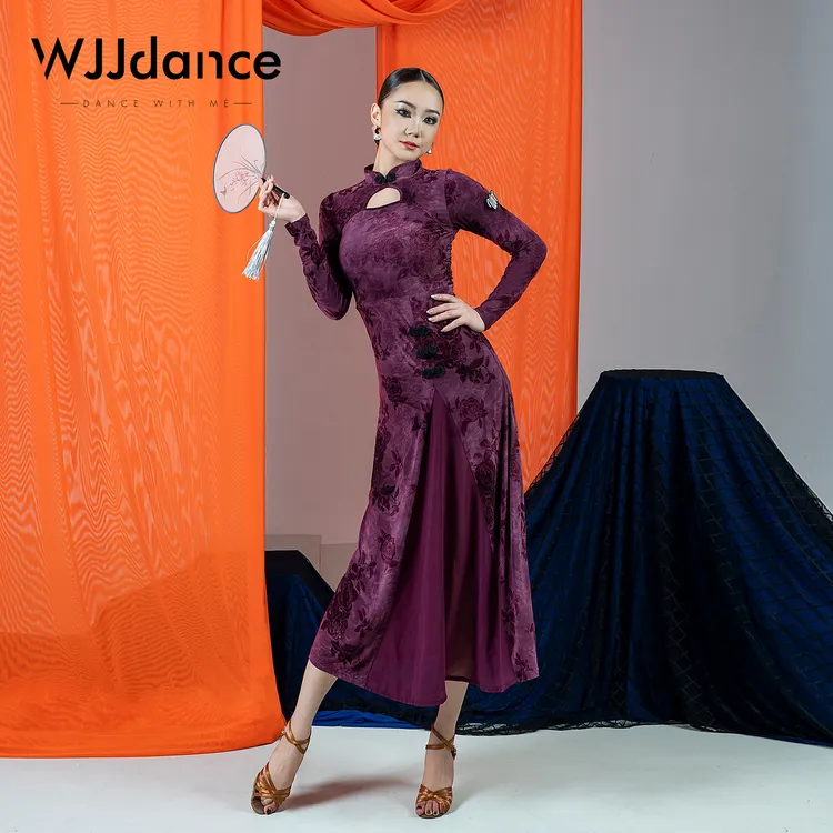 WJJdance拉丁舞旗袍连衣裙女2025新款扎染盘扣小立领国标表演出服