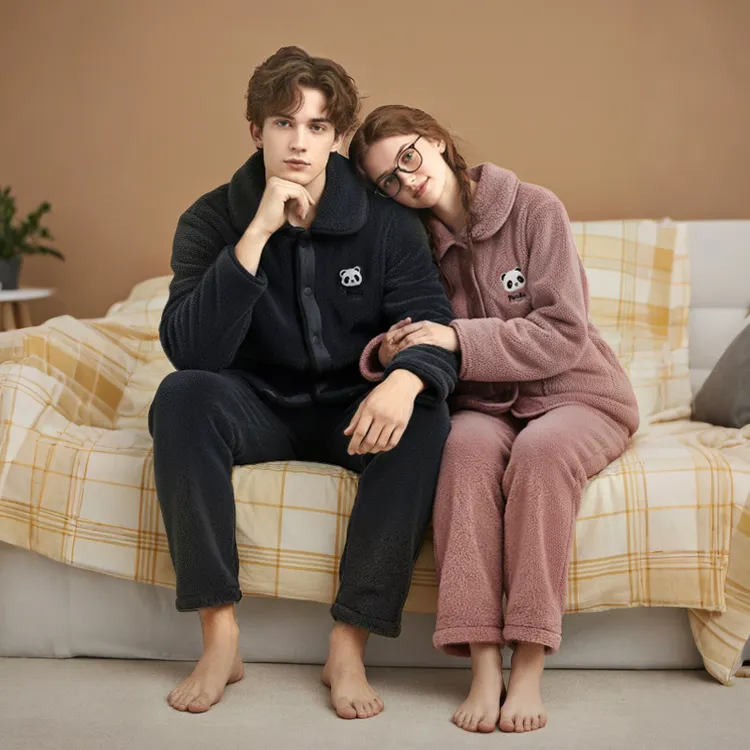 芬腾睡衣男女新款情侣珊瑚绒款秋冬款加绒加厚开衫保暖家居服套装