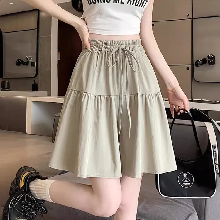 杏色褶皱裙裤女夏季薄款高腰显瘦阔腿中裤松紧腰系带五分休闲短裤