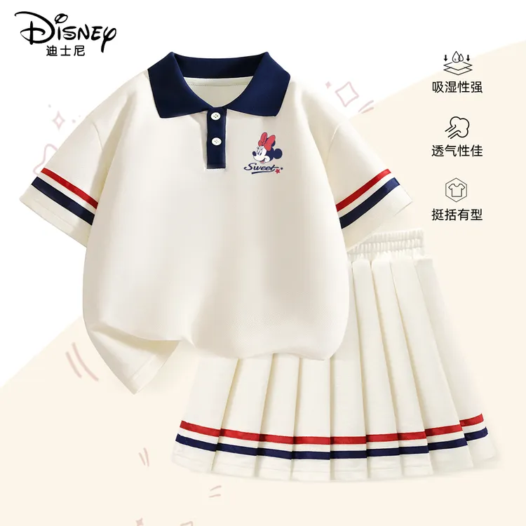迪士尼女童夏装套装2025新款薄款洋气时髦童装儿童polo短袖百褶裙