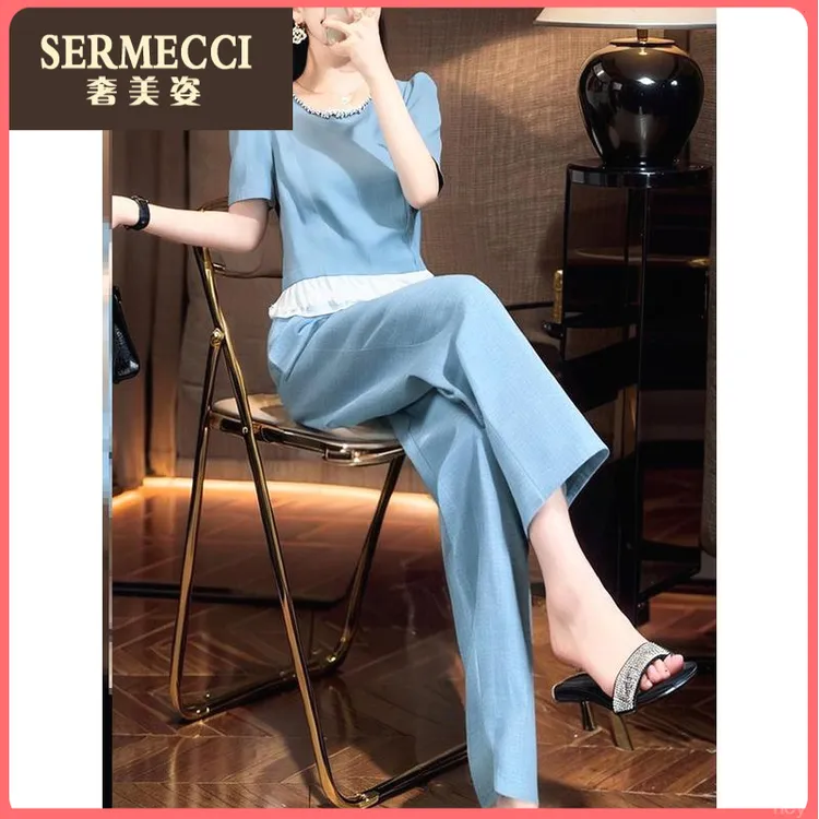 简单大方上档次奢美姿时尚设计感轻熟通勤夏季短袖上衣直筒裤两件