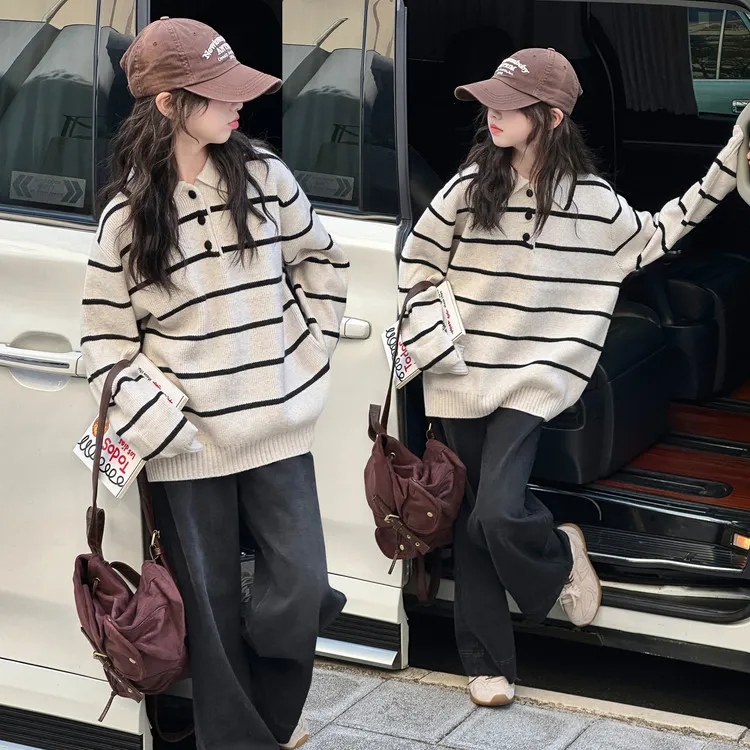 女童翻领条纹毛衣套装秋冬2025新款洋气儿童休闲上衣中大童牛仔裤