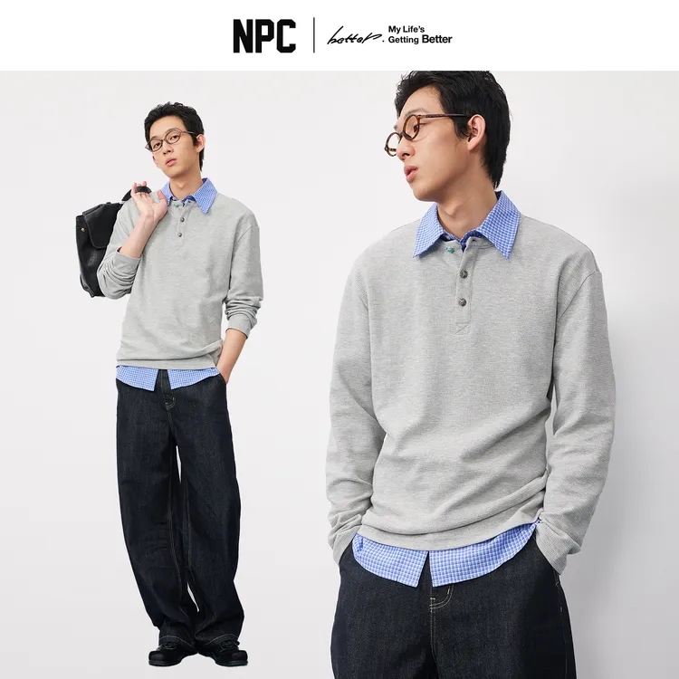 NPC潮牌腰果花刺绣仿【绿松石】扣华夫格长袖T恤男亨利领NP58TL18