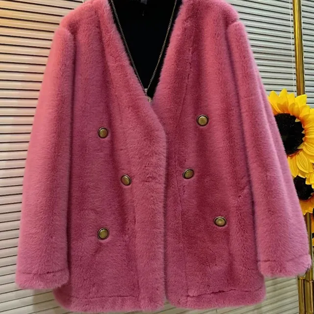 大码女装V领纽扣防貂毛冬季款外套胖MM冬季款洋气法式设计感上衣