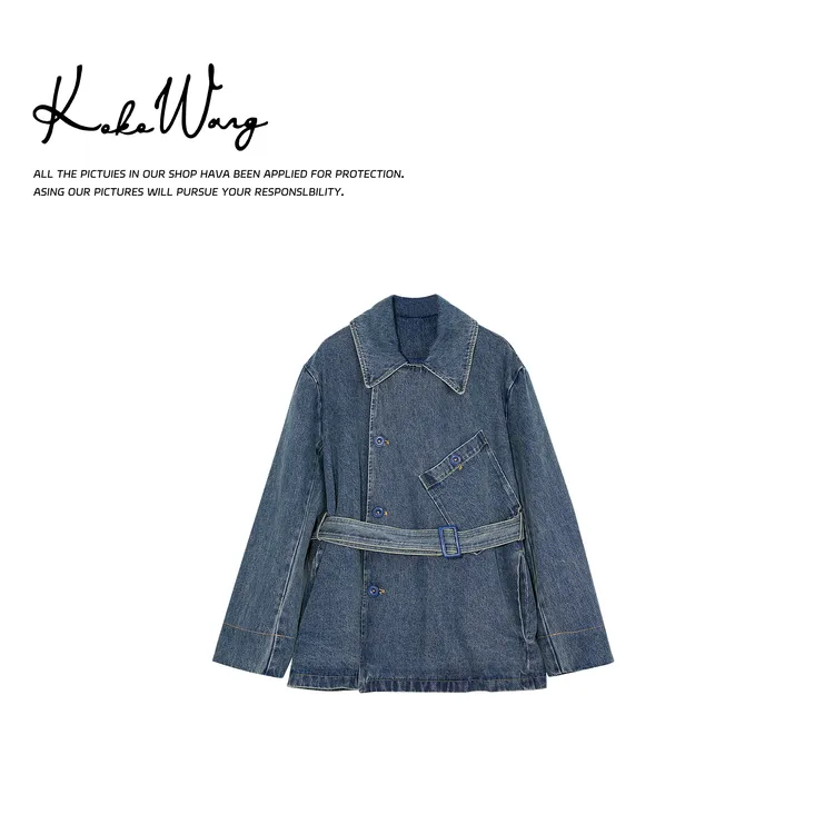 KOKO WANG早春新款西装领系带休闲复古阔版牛仔外套471795B13W41