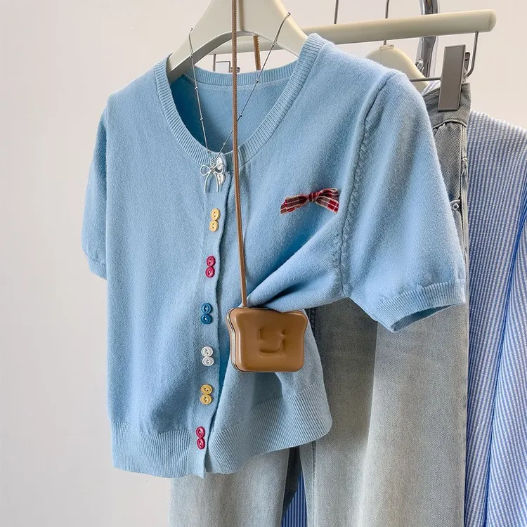 彩色扣圆领套头短袖T恤女夏季薄款百搭小衫宽松大码洋气冰丝上衣