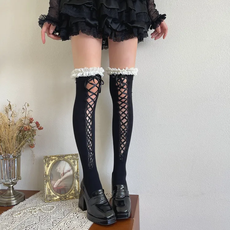 袜贵人新品亚文化Y2K辣妹芭蕾风绑带花边洛丽塔过膝长筒袜女