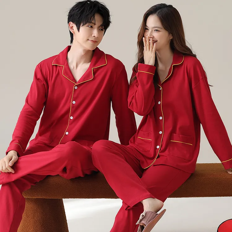 高级感春秋纯棉情侣睡衣女长袖大红本命年结婚庆男士家居服套装