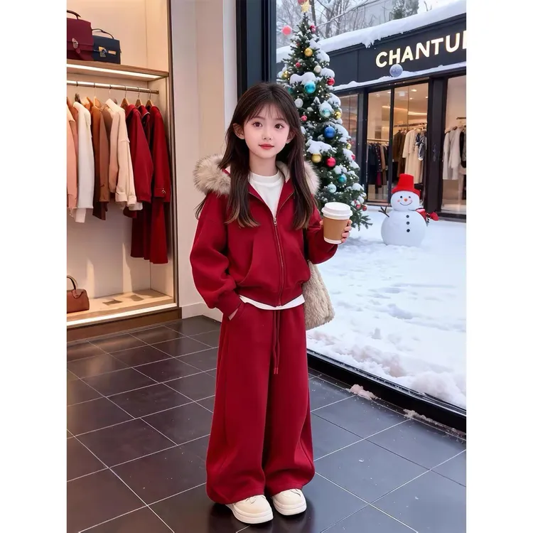 女童加绒套装2025新款休闲运动冬季儿童年货连帽开衫阔腿裤两件套