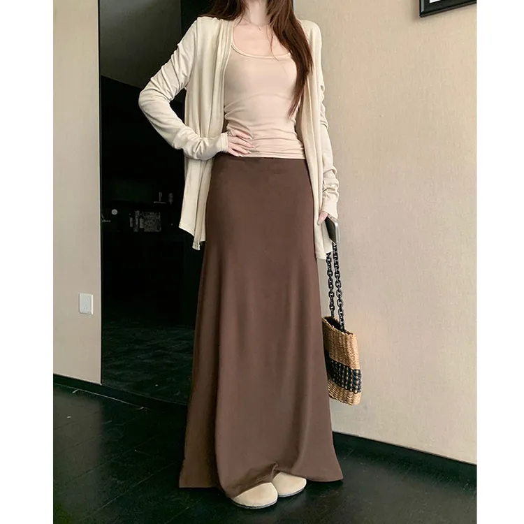 慵懒松弛感高腰垂坠感包臀半身裙女秋季百搭休闲后开叉a字长裙子