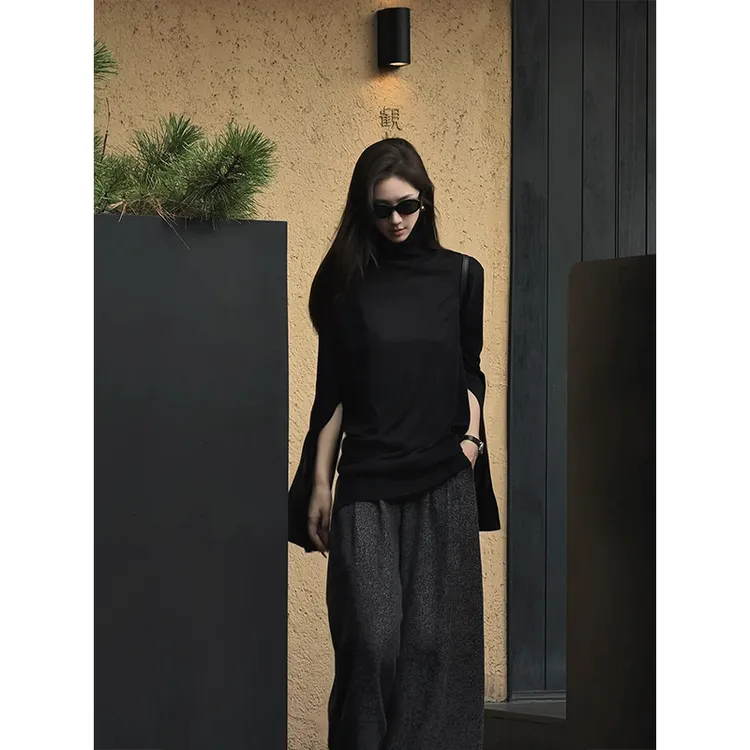 MARIE.COCO设计感黑色高领修身长袖针织衫女秋季复古阔腿裤两件套