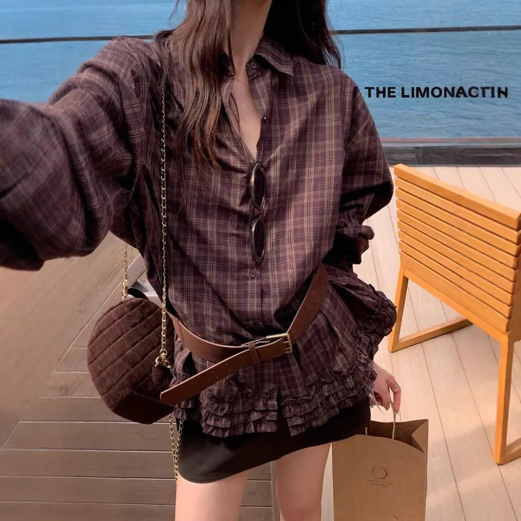 THE LIMON柠檬绿茶初秋女韩系慵懒风百搭木耳边格纹衬衫(配腰带)