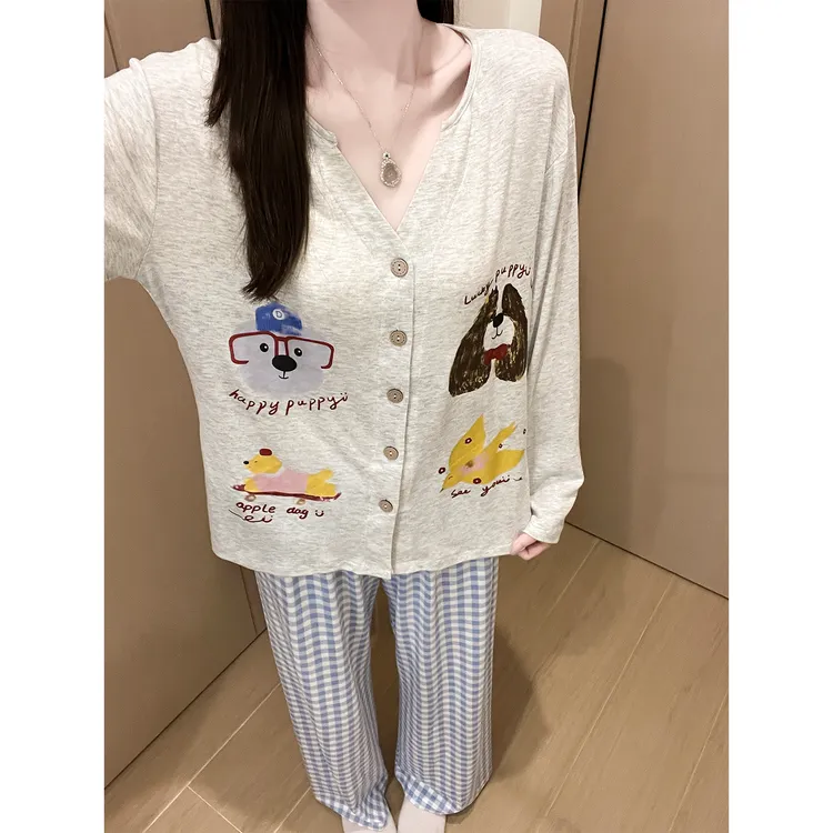 卡通小狗长袖睡衣女春秋季新款高级感舒适休闲可外穿家居服套装