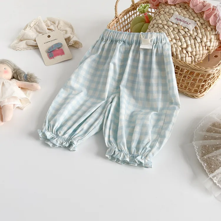 叭啦妈咪女童格子裤2025夏装新款宝宝洋气花边时尚裤子HIM5012